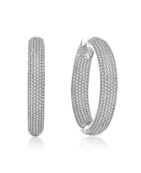 Sterling Silver with Cubic Zirconia 10-Row French Pave Inside Out Large Tubular Hoop Earrings