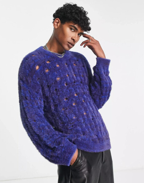 Reclaimed Vintage oversized fluffy laddered jumper in blue