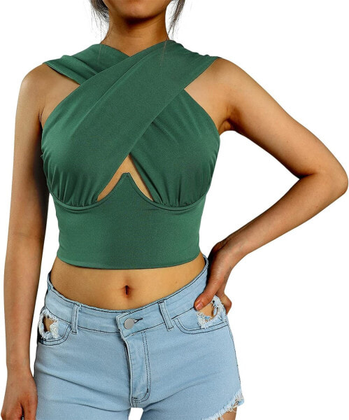 Erllegraly Women's Criss Cross Halterneck Crop Vest Tops, Front Cutout, Backless Wrap Tank Tops, Sleeveless Summer Buckle Tops