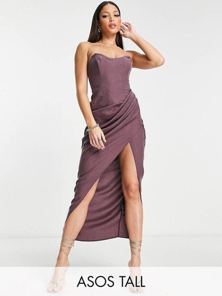   ASOS DESIGN Tall corset bandeau midi dress in washed fabric with drape detail skirt in wine