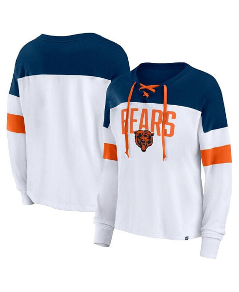Women's White, Navy Chicago Bears Even Match Long Sleeve Lace-Up V-Neck T-shirt