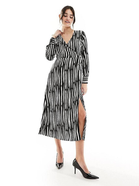 New Look long sleeve wrap midi dress in black and white stripe