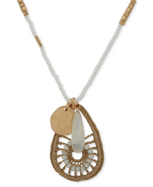 Gold-Tone White Beaded Pendant Long Necklace, 32" + 3" extender