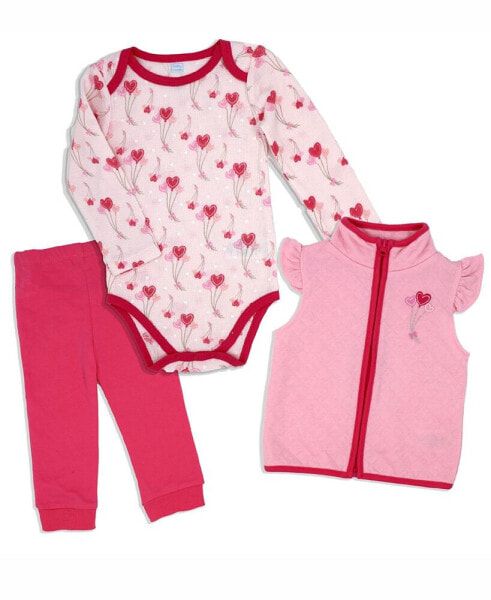Baby Girls Hearts Bodysuit, Pants and Vest, 3 Piece Set