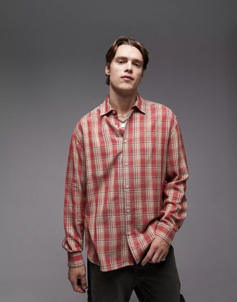 Topman long sleeve relaxed fit woven pink check shirt