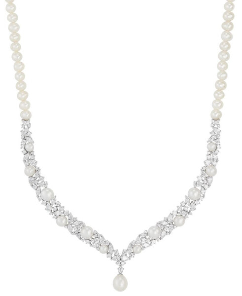 Cultured Freshwater Button & Potato Pearl (5-11mm) & Cubic Zirconia Fancy Collar Necklace in Sterling Silver, 16" + 2" extender