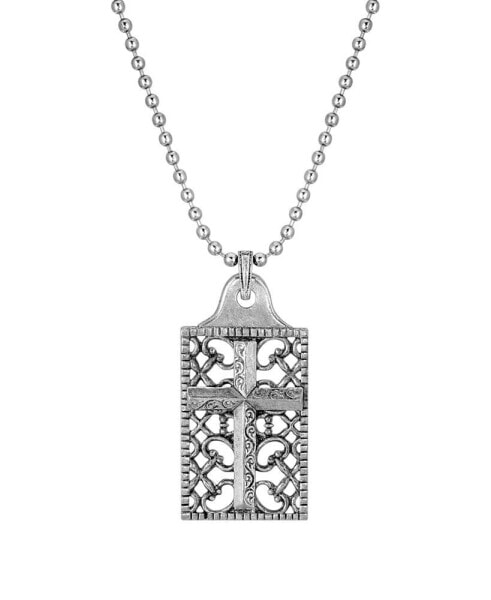 Pewter Cross Square Dog Tag Pendant 22" Necklace