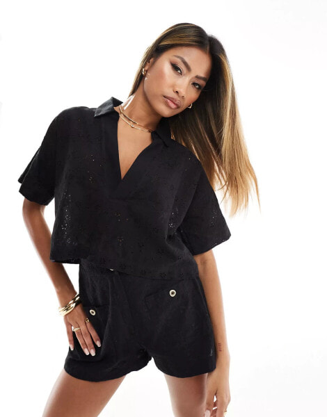 In The Style broderie cropped shirt co-ord in black