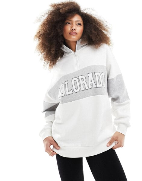 Miss Selfridge quarter zip Colorado graphic colour block sweatshirt in white and grey marl