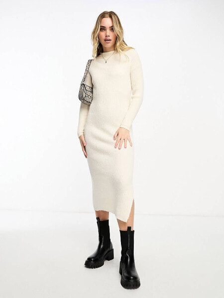 Miss Selfridge slouchy bardot rib knit cosy maxi dress in cream 