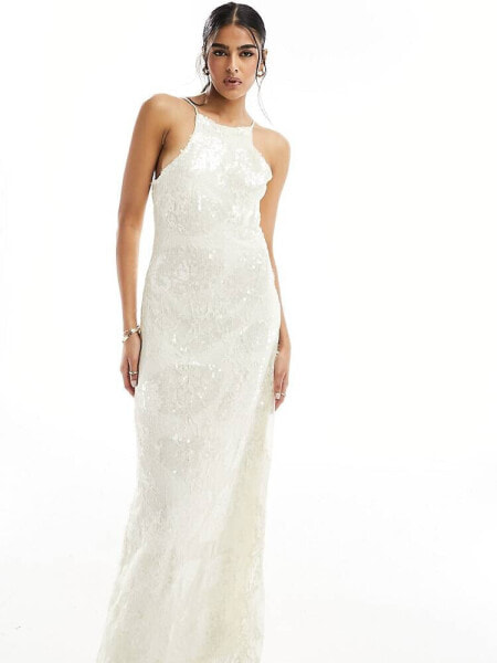 Vero Moda placement sequin maxi dress in off white