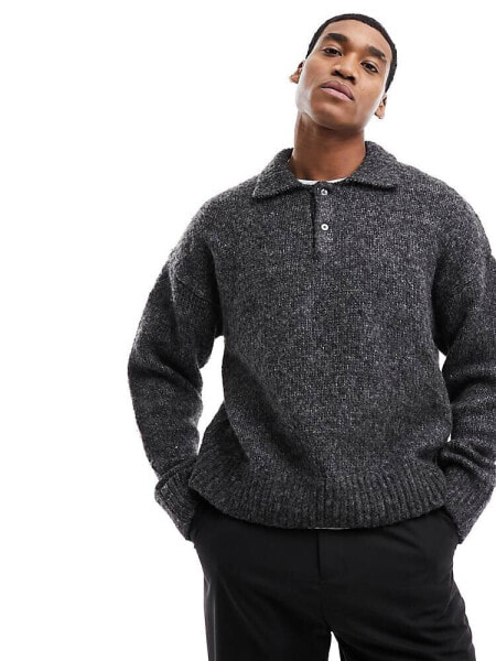 Weekday Bobby relaxed fit wool blend knitted polo in dark grey