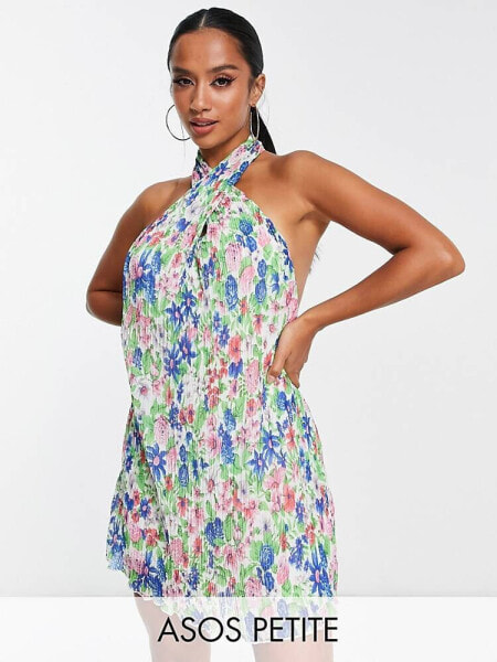 ASOS DESIGN Petite plisse halter mini dress in bright floral print 