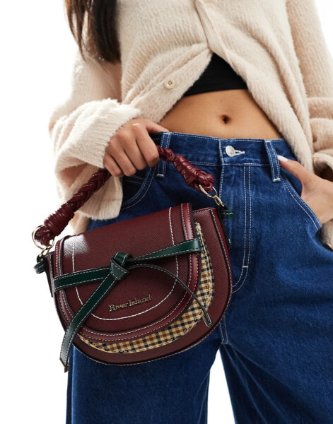 River Island saddle bag with tartan detail in burgundy