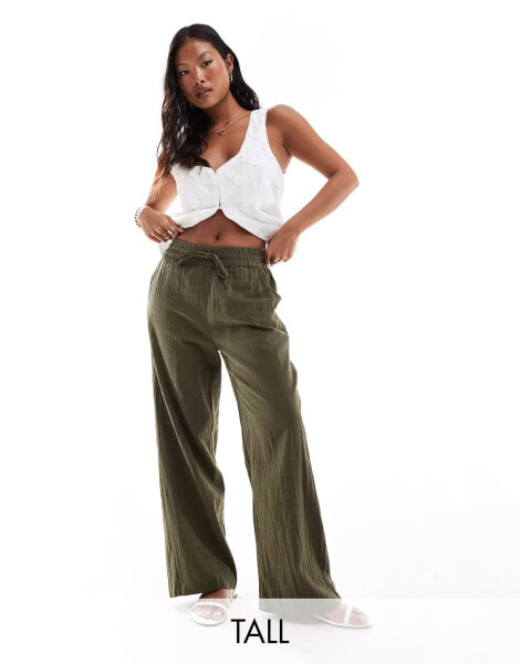 ONLY Petite linen texture wide leg trouser in khaki