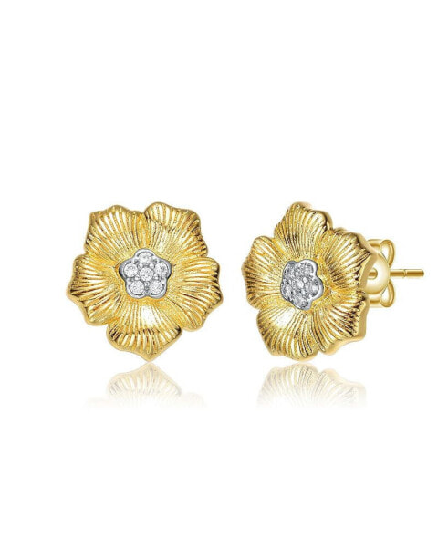 Elegant 14K Gold Plated and Cubic Zirconia Floral Stud Earrings