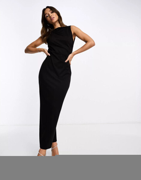 ASOS DESIGN slash neck ponte midi dress with ruched side detail in black