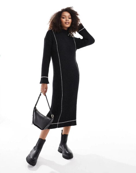 YAS high neck knitted jumper mini dress in black with contrast stitch - BLACK