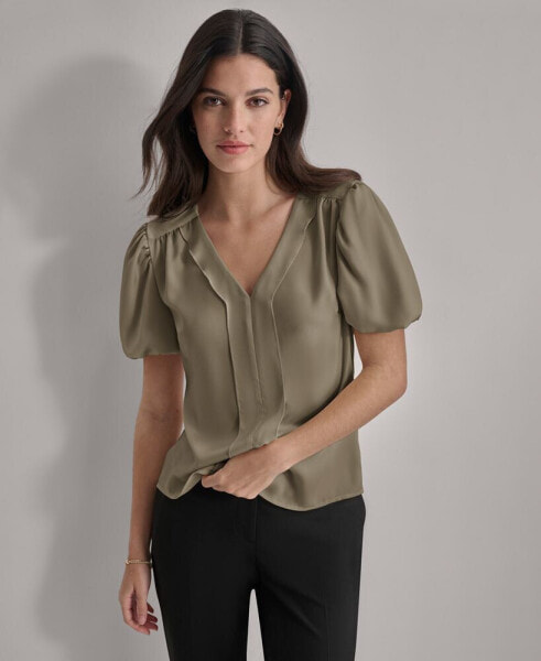 Petite V-Neck Balloon-Short-Sleeve Blouse