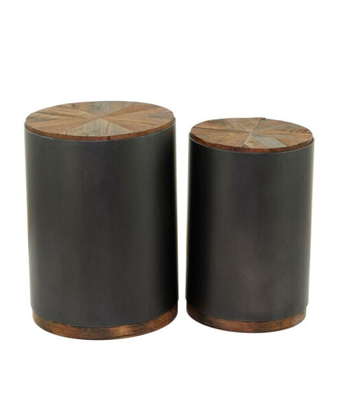 21" and 19" Metal Rustic Accent Table with Brown Wood Top, Set of 2