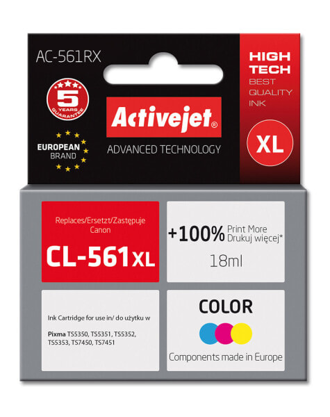 Activejet AC-561RX ink (replacement for Canon CL-561XL; Premium; 18 ml; color) - High (XL) Yield - Dye-based ink - 18 ml - 600 pages - 1 pc(s) - Single pack
