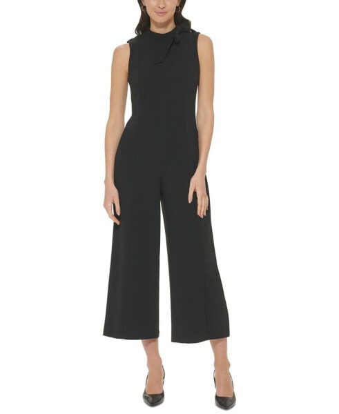 Women's Bow-Embellished Mock Neck Cropped Wide-Leg Jumpsuit