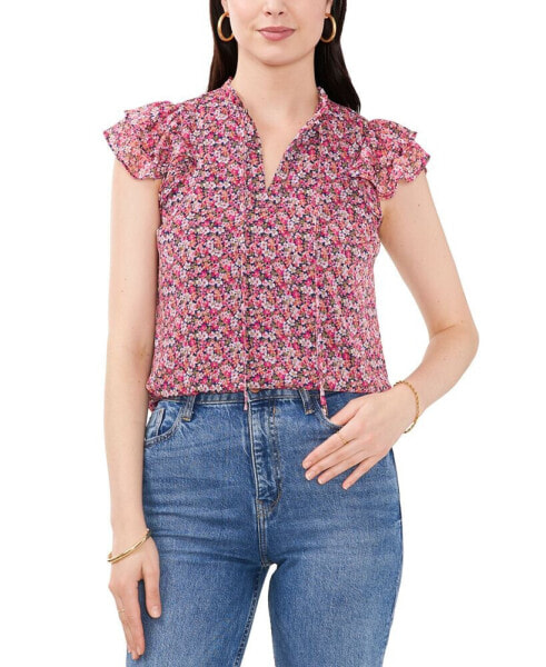 Petite Floral-Print Flutter-Sleeve Tie-Neck Blouse