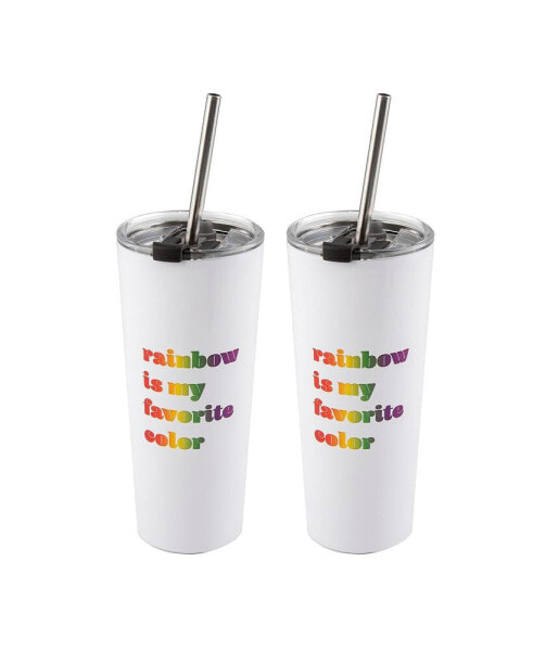 Double Wall 2 Pack of White 24 oz Straw Tumblers with Metallic "Rainbow is My Favorite Color" Decal