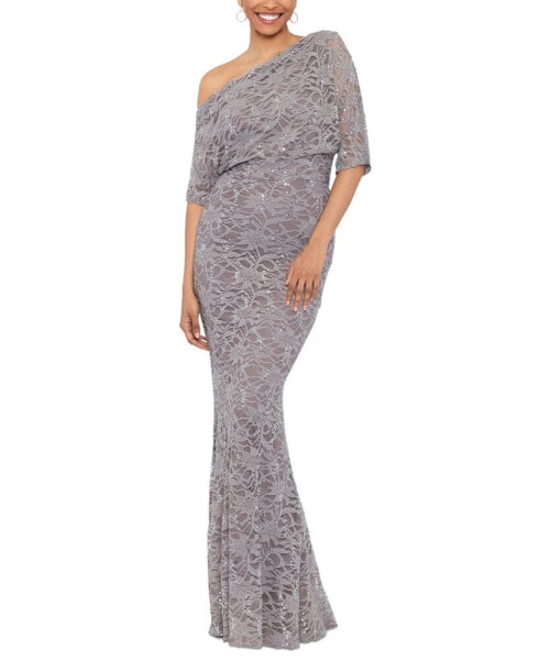 Women's Sequined Lace Asymmetric-Neck Gown