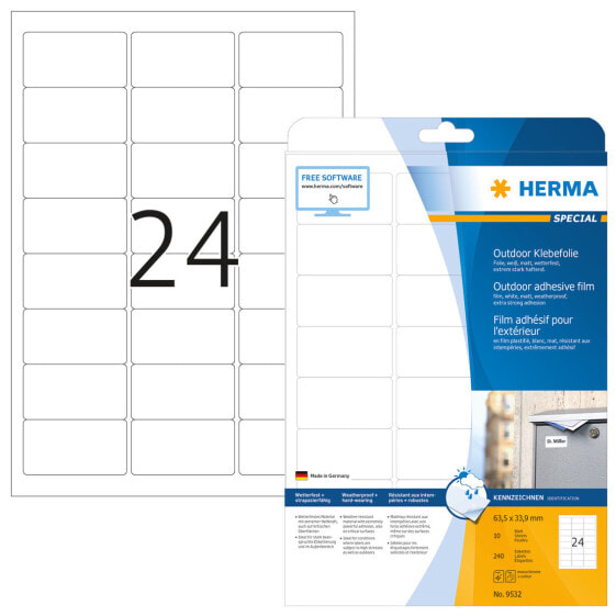 HERMA Labels A4 outdoor film 63.5x33.9 mm white extra strong adhesion film matt weatherproof 240 pcs. - White - Self-adhesive printer label - A4 - Polyolefine - Laser - Permanent