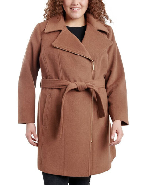 Women's Plus Size Asymmetric Belted Wrap Coat