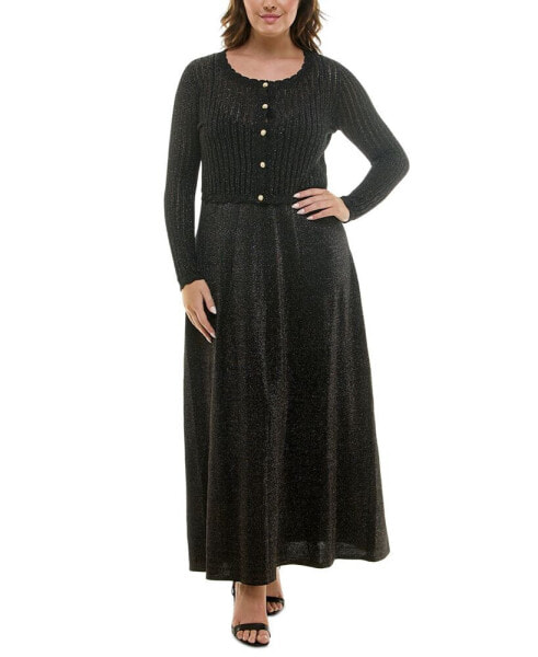 Plus Size Button-Front Sparkle Cardigan & Dress Set