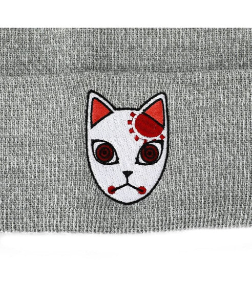 Men's Tanjiro Fox Mask Athletic Heather Skull Knitted Embroidered Cuffed Winter Beanie