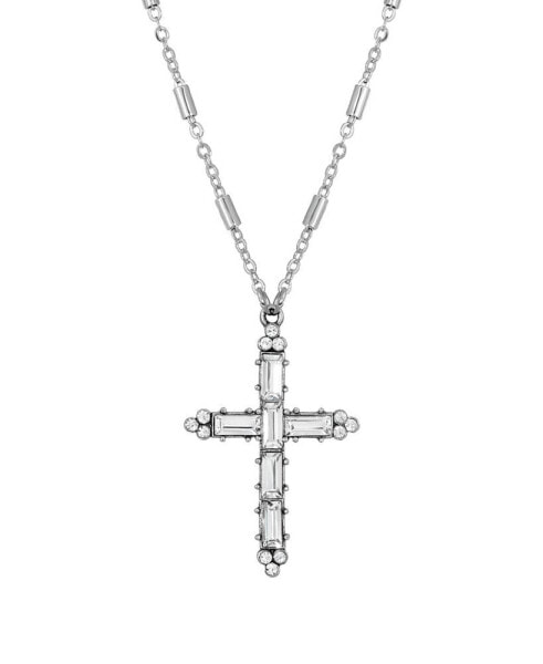 Symbols of Faith pewter Crystal Cross Silver-Tone Chain Necklace