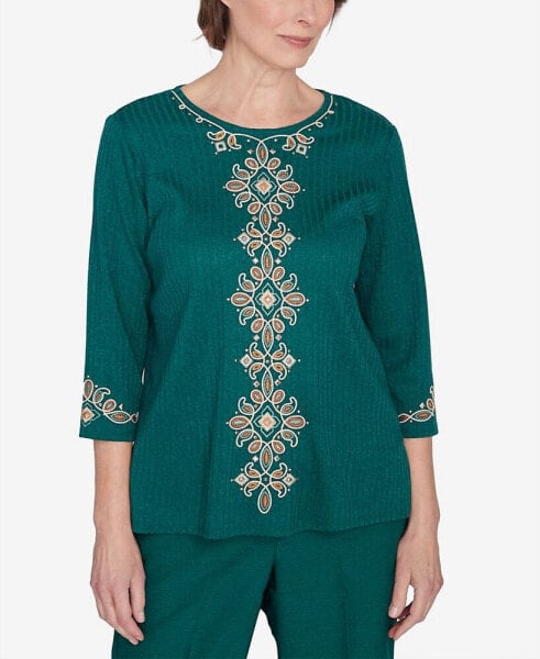 Petite Emerald Isle Center Medallion Embroidered Three Quarter Sleeve Top