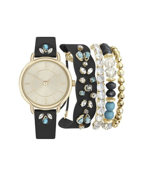 Women's Analog Black Jeweled Strap Watch 34mm with Matching Bracelets Set