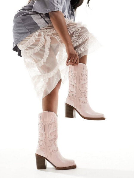 Public Desire Texas western mid ankle boot with snake print in pink