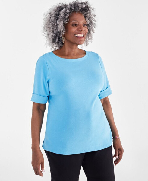 Women's Boat-Neck Elbow Sleeve Cotton Top, XS-4X, Created for Macy's