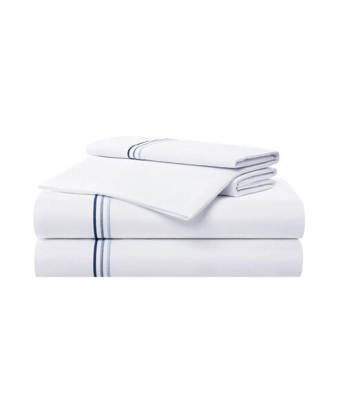 Sateen Queen Sheet Set, 1 Flat Sheet, 1 Fitted Sheet, 2 Pillowcases, 600 Thread Count, Sateen Cotton, Pristine White with Fine Baratta Embroidered 3-Striped Hem