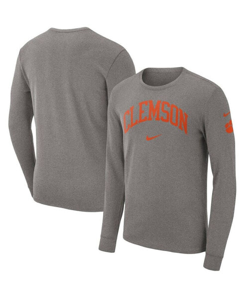 Men's Heather Gray Clemson Tigers Arch 2-Hit Long Sleeve T-shirt