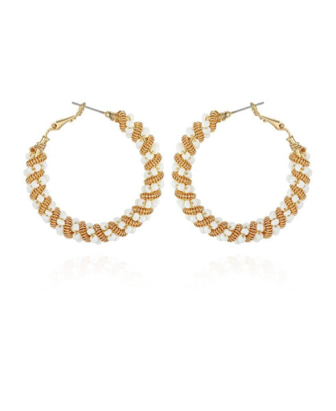 Gold-Tone Twisted Spiral and White Beaded Hoop Earrings