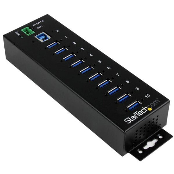 StarTech.com 10-Port Industrial USB 3.0 Hub with ESD & 350W Surge Protection - USB 3.2 Gen 1 (3.1 Gen 1) Type-B - USB 3.2 Gen 1 (3.1 Gen 1) Type-A - 5000 Mbit/s - Black - Steel - Power