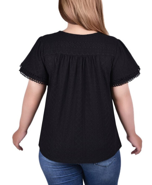 Plus Size Double Flutter Sleeve Knit Eyelet Top