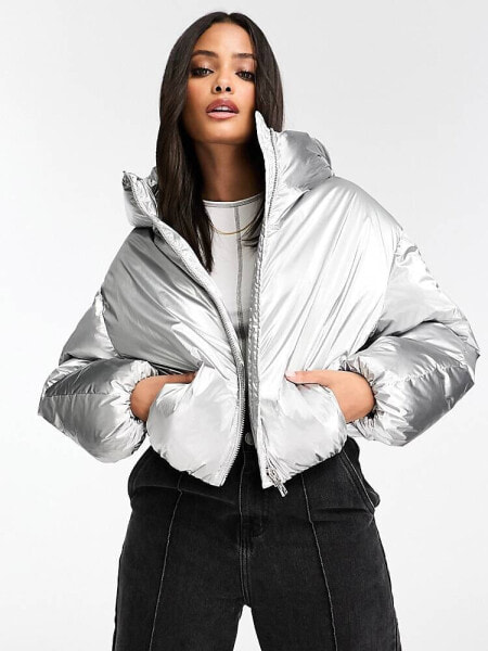 Bershka oversized puffer jacket in metallic silver