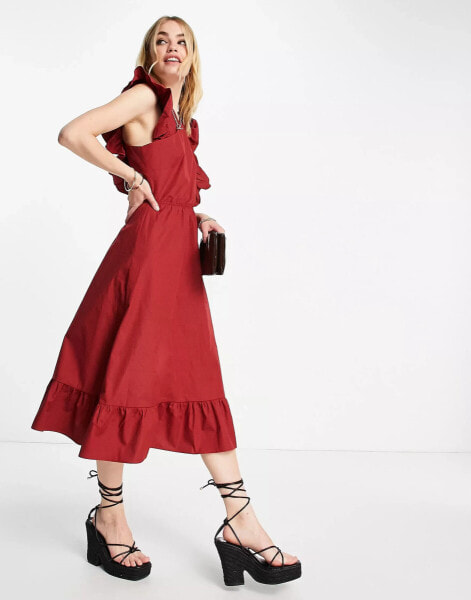 Vero Moda – Aware – Midikleid in Rot mit überkreuztem Detail vorne und Rüschen