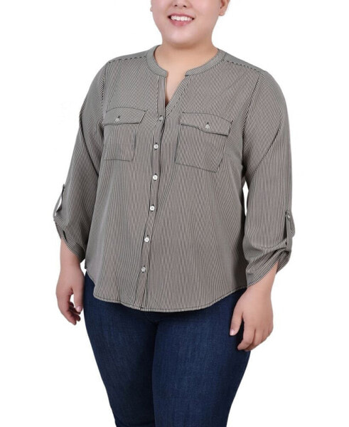 Plus Size 3/4 Sleeve Roll Tab Y Neck Blouse