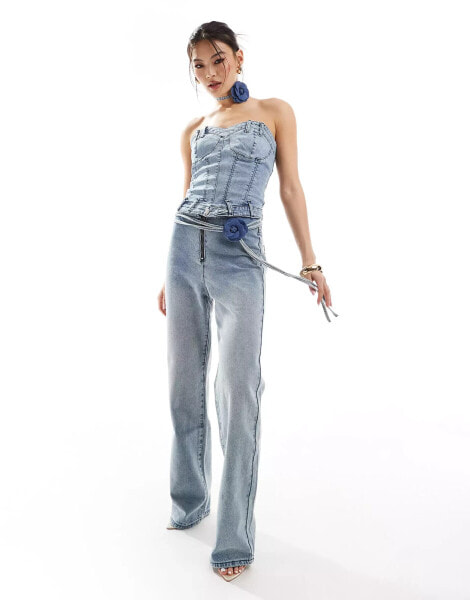 Simmi straight leg jean with corsage belt co-ord in light wash blue