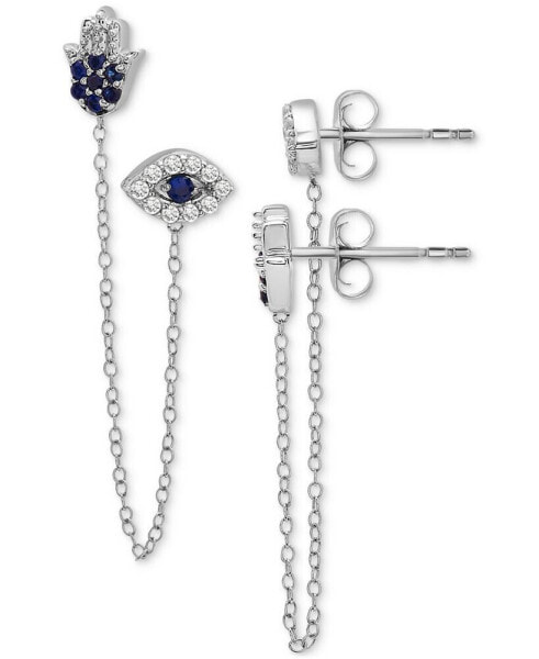 Lab-grown Blue Sapphire (1/4 ct. t.w.) & Lab-grown White Sapphire (1/4 ct. t.w.) Evil Eye & Hamsa Hand Double Pierced Chain Earrings in Sterling Silver