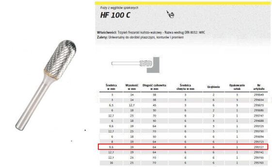 KLINGSPOR FREZ DO METALU HF 100 C FI=9,6x19mm TRZPIEŃ 6mm TYP WRC, WALCOWO-KULISTY