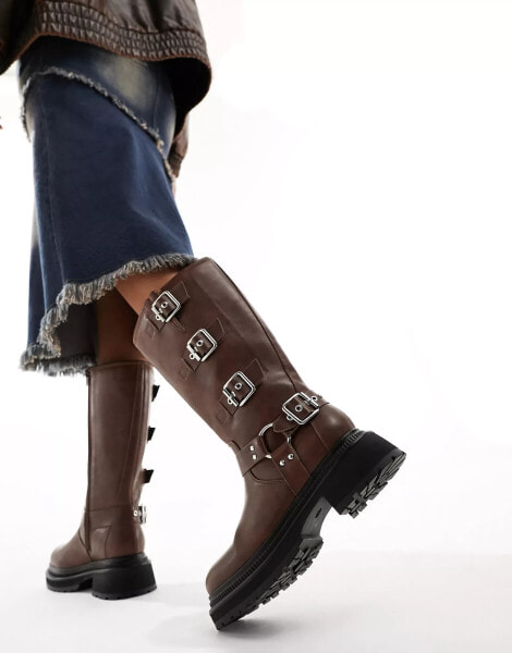 Public Desire Fast Track biker boot in chocolate